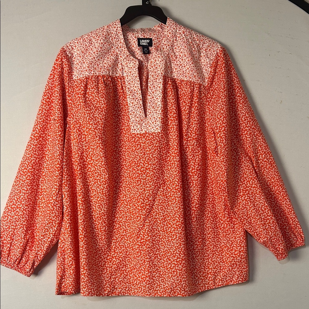Lands' End Women's Long Sleeve Orange Floral V-Neck Top Tunic 100% Cotton Sz  2X